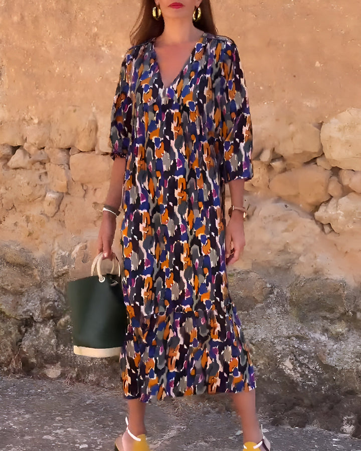 NANDA | COLOURFUL PRINT V-NECK DRESS